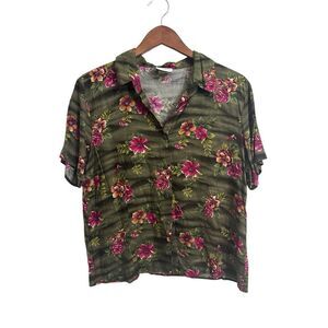BENTLEY Button‎ Up Shirt Women's Size XL Hawaiian Floral Short Sleeve Cropped